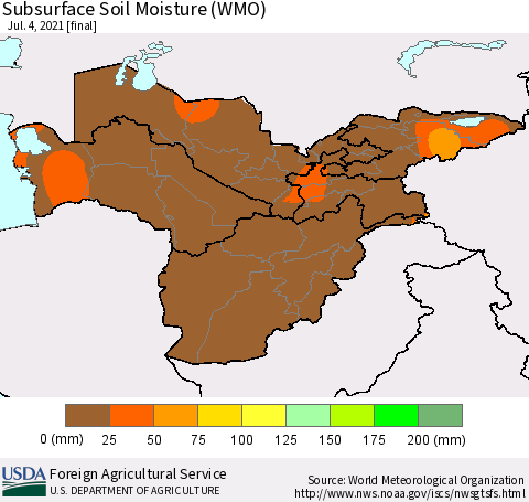 Central Asia Subsurface Soil Moisture (WMO) Thematic Map For 6/28/2021 - 7/4/2021