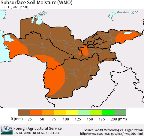 Central Asia Subsurface Soil Moisture (WMO) Thematic Map For 7/5/2021 - 7/11/2021