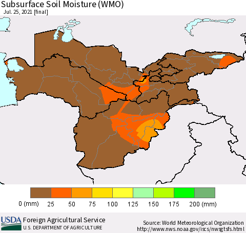 Central Asia Subsurface Soil Moisture (WMO) Thematic Map For 7/19/2021 - 7/25/2021