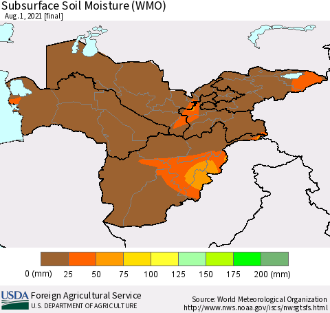 Central Asia Subsurface Soil Moisture (WMO) Thematic Map For 7/26/2021 - 8/1/2021