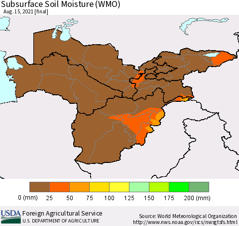 Central Asia Subsurface Soil Moisture (WMO) Thematic Map For 8/9/2021 - 8/15/2021