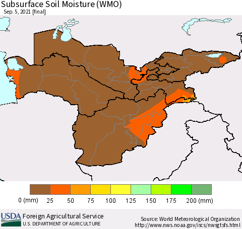 Central Asia Subsurface Soil Moisture (WMO) Thematic Map For 8/30/2021 - 9/5/2021