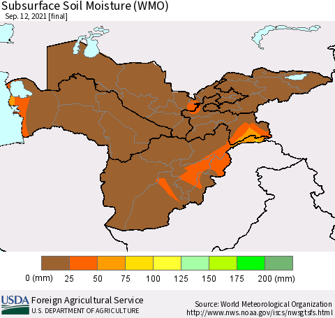 Central Asia Subsurface Soil Moisture (WMO) Thematic Map For 9/6/2021 - 9/12/2021