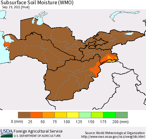 Central Asia Subsurface Soil Moisture (WMO) Thematic Map For 9/13/2021 - 9/19/2021