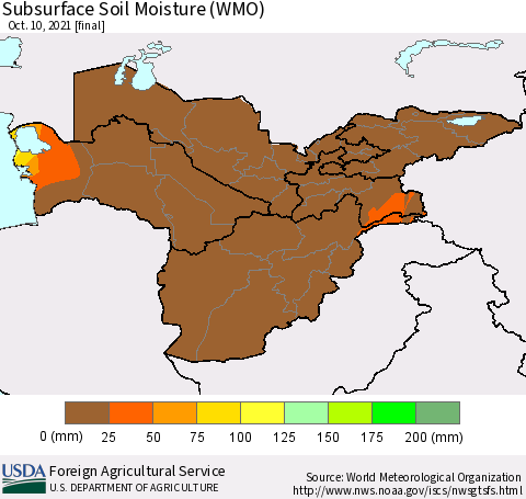 Central Asia Subsurface Soil Moisture (WMO) Thematic Map For 10/4/2021 - 10/10/2021