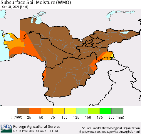 Central Asia Subsurface Soil Moisture (WMO) Thematic Map For 10/25/2021 - 10/31/2021