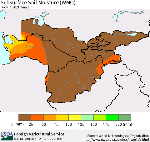 Central Asia Subsurface Soil Moisture (WMO) Thematic Map For 11/1/2021 - 11/7/2021