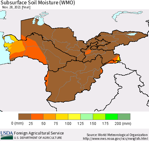 Central Asia Subsurface Soil Moisture (WMO) Thematic Map For 11/22/2021 - 11/28/2021