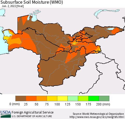 Central Asia Subsurface Soil Moisture (WMO) Thematic Map For 12/27/2021 - 1/2/2022