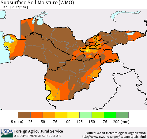 Central Asia Subsurface Soil Moisture (WMO) Thematic Map For 1/3/2022 - 1/9/2022