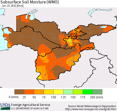 Central Asia Subsurface Soil Moisture (WMO) Thematic Map For 1/17/2022 - 1/23/2022