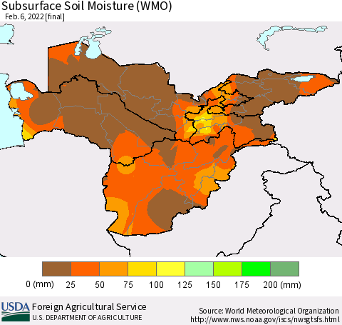 Central Asia Subsurface Soil Moisture (WMO) Thematic Map For 1/31/2022 - 2/6/2022