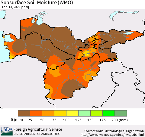 Central Asia Subsurface Soil Moisture (WMO) Thematic Map For 2/7/2022 - 2/13/2022