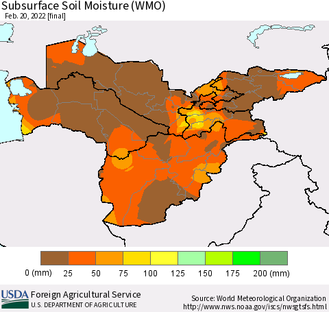 Central Asia Subsurface Soil Moisture (WMO) Thematic Map For 2/14/2022 - 2/20/2022