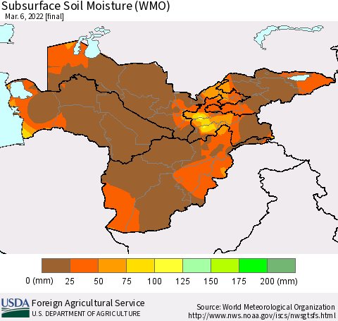 Central Asia Subsurface Soil Moisture (WMO) Thematic Map For 2/28/2022 - 3/6/2022