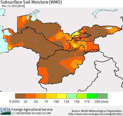 Central Asia Subsurface Soil Moisture (WMO) Thematic Map For 3/7/2022 - 3/13/2022