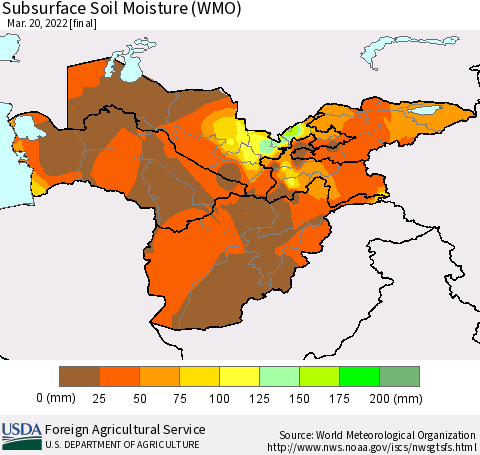 Central Asia Subsurface Soil Moisture (WMO) Thematic Map For 3/14/2022 - 3/20/2022
