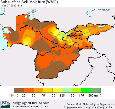 Central Asia Subsurface Soil Moisture (WMO) Thematic Map For 3/21/2022 - 3/27/2022