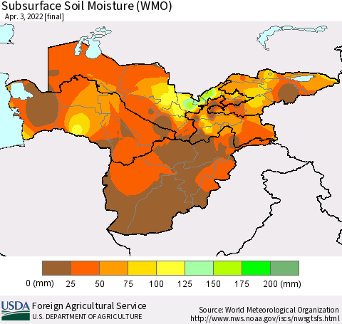 Central Asia Subsurface Soil Moisture (WMO) Thematic Map For 3/28/2022 - 4/3/2022