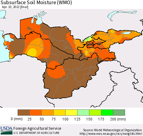 Central Asia Subsurface Soil Moisture (WMO) Thematic Map For 4/4/2022 - 4/10/2022