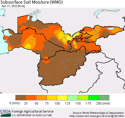 Central Asia Subsurface Soil Moisture (WMO) Thematic Map For 4/11/2022 - 4/17/2022