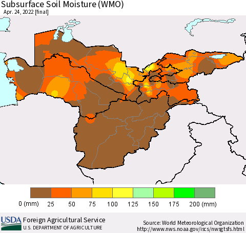 Central Asia Subsurface Soil Moisture (WMO) Thematic Map For 4/18/2022 - 4/24/2022