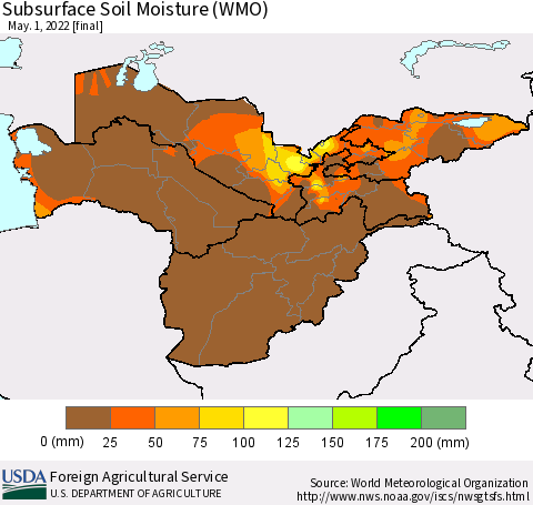 Central Asia Subsurface Soil Moisture (WMO) Thematic Map For 4/25/2022 - 5/1/2022