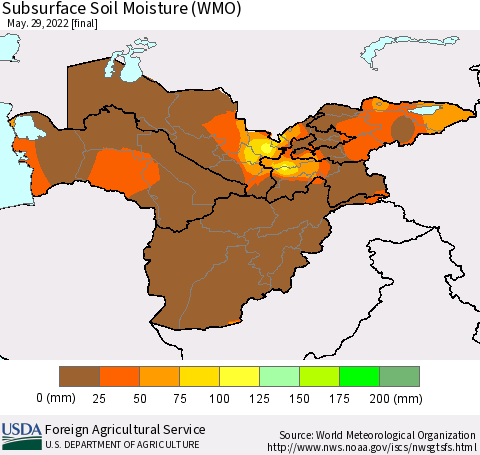 Central Asia Subsurface Soil Moisture (WMO) Thematic Map For 5/23/2022 - 5/29/2022