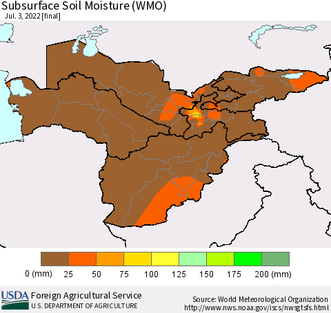 Central Asia Subsurface Soil Moisture (WMO) Thematic Map For 6/27/2022 - 7/3/2022