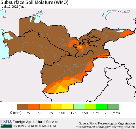 Central Asia Subsurface Soil Moisture (WMO) Thematic Map For 7/4/2022 - 7/10/2022