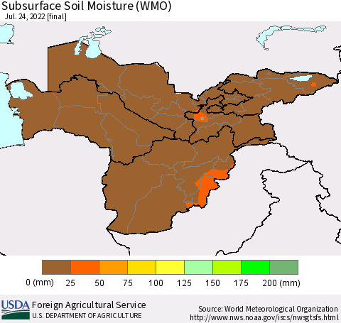 Central Asia Subsurface Soil Moisture (WMO) Thematic Map For 7/18/2022 - 7/24/2022