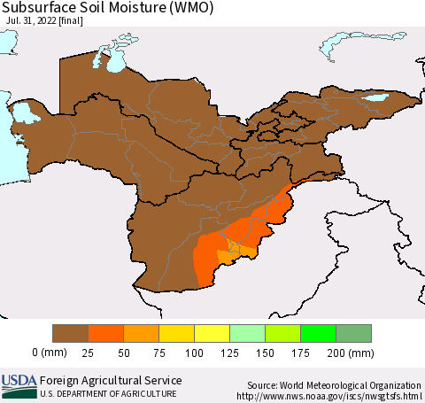 Central Asia Subsurface Soil Moisture (WMO) Thematic Map For 7/25/2022 - 7/31/2022