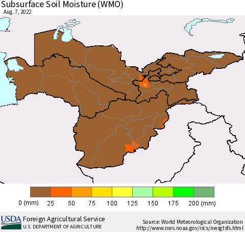 Central Asia Subsurface Soil Moisture (WMO) Thematic Map For 8/1/2022 - 8/7/2022