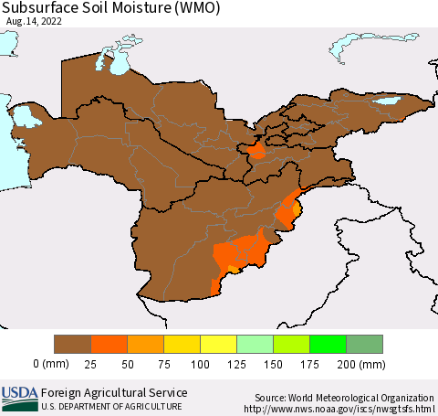Central Asia Subsurface Soil Moisture (WMO) Thematic Map For 8/8/2022 - 8/14/2022