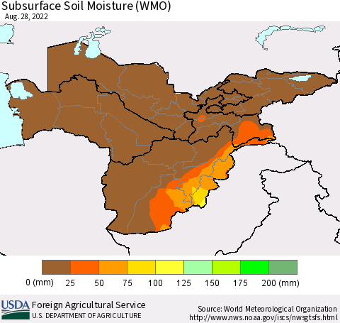 Central Asia Subsurface Soil Moisture (WMO) Thematic Map For 8/22/2022 - 8/28/2022