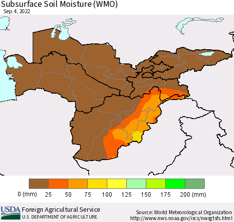 Central Asia Subsurface Soil Moisture (WMO) Thematic Map For 8/29/2022 - 9/4/2022