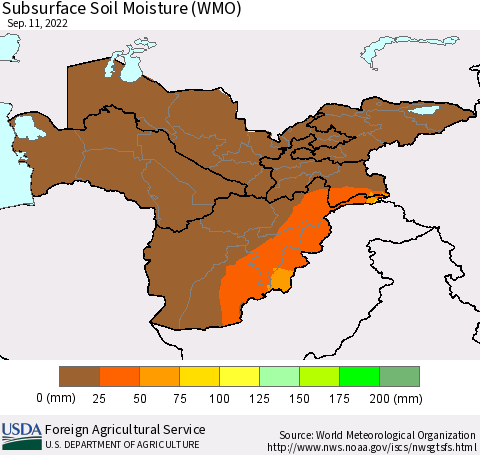 Central Asia Subsurface Soil Moisture (WMO) Thematic Map For 9/5/2022 - 9/11/2022