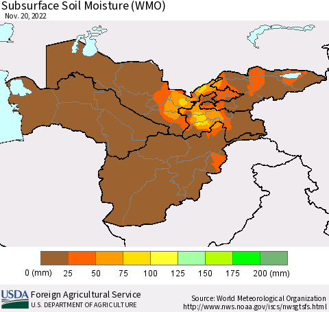 Central Asia Subsurface Soil Moisture (WMO) Thematic Map For 11/14/2022 - 11/20/2022