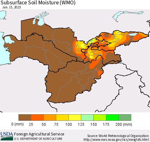 Central Asia Subsurface Soil Moisture (WMO) Thematic Map For 1/9/2023 - 1/15/2023