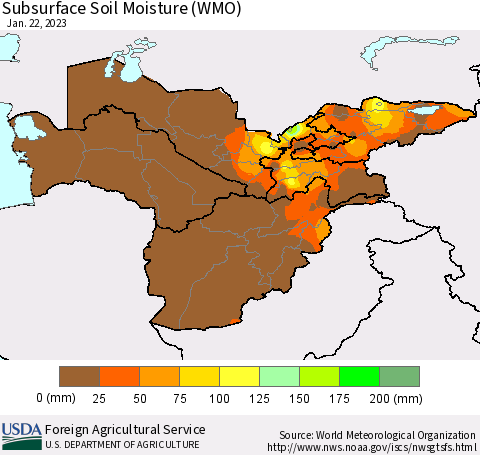 Central Asia Subsurface Soil Moisture (WMO) Thematic Map For 1/16/2023 - 1/22/2023