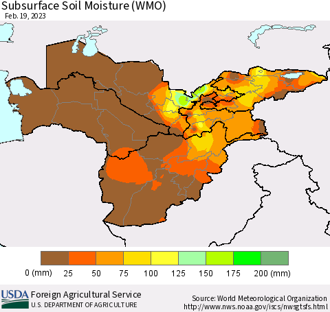 Central Asia Subsurface Soil Moisture (WMO) Thematic Map For 2/13/2023 - 2/19/2023
