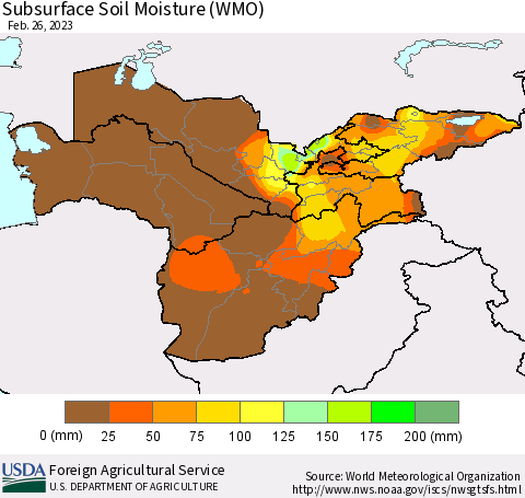 Central Asia Subsurface Soil Moisture (WMO) Thematic Map For 2/20/2023 - 2/26/2023