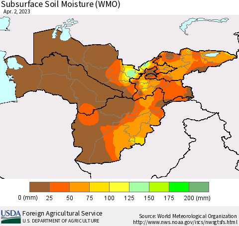 Central Asia Subsurface Soil Moisture (WMO) Thematic Map For 3/27/2023 - 4/2/2023