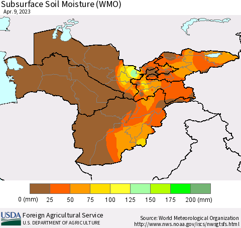 Central Asia Subsurface Soil Moisture (WMO) Thematic Map For 4/3/2023 - 4/9/2023