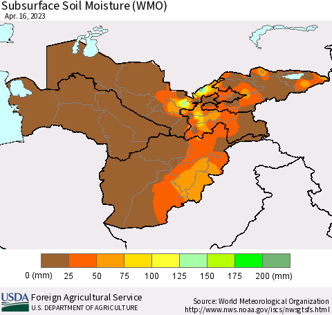 Central Asia Subsurface Soil Moisture (WMO) Thematic Map For 4/10/2023 - 4/16/2023