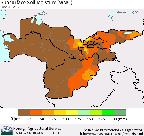 Central Asia Subsurface Soil Moisture (WMO) Thematic Map For 4/24/2023 - 4/30/2023