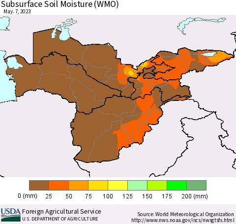 Central Asia Subsurface Soil Moisture (WMO) Thematic Map For 5/1/2023 - 5/7/2023