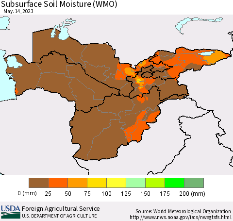 Central Asia Subsurface Soil Moisture (WMO) Thematic Map For 5/8/2023 - 5/14/2023