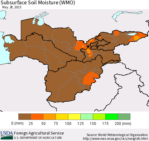 Central Asia Subsurface Soil Moisture (WMO) Thematic Map For 5/22/2023 - 5/28/2023