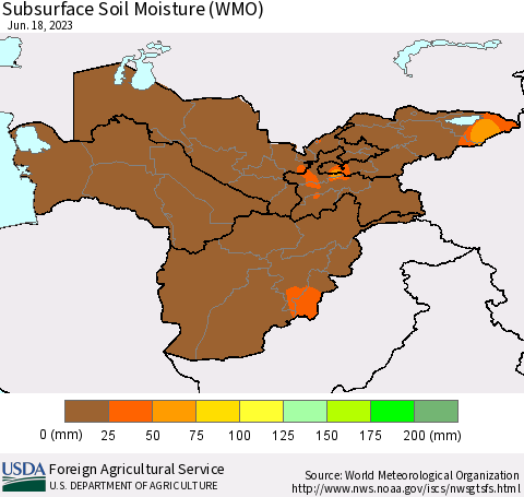 Central Asia Subsurface Soil Moisture (WMO) Thematic Map For 6/12/2023 - 6/18/2023